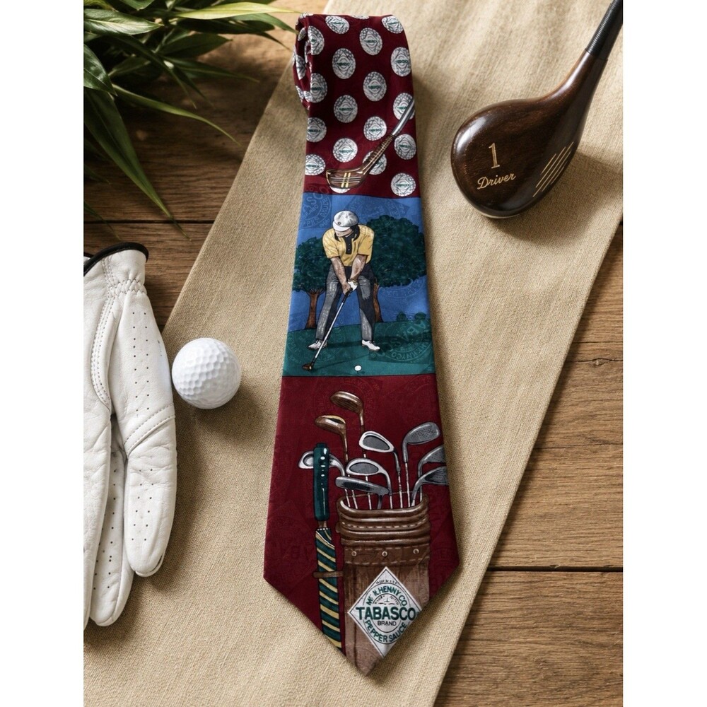 TABASCO Pepper Sauce Golf Tie Silk Golfer Clubs Multicolor 58" USA